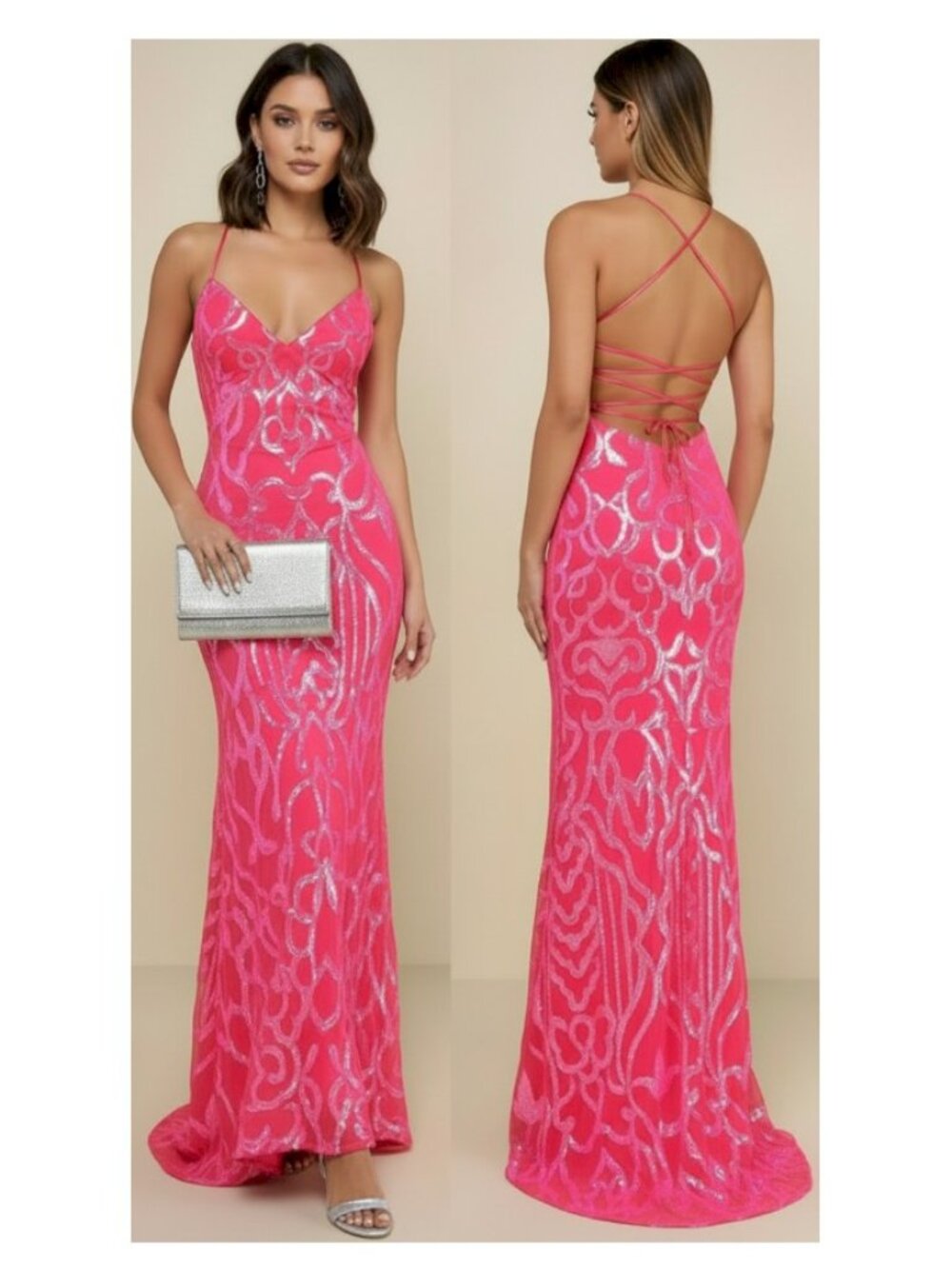 Lulus Perfect Enchantment Hot Pink Sequin Lace-Up Mermaid Maxi Dress Medium New - Picture 6 of 7